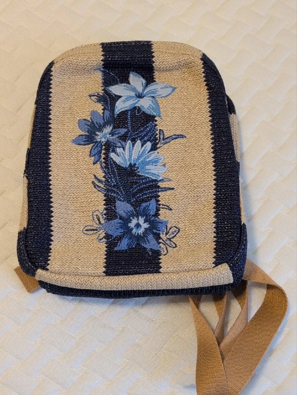 VERA BRADLEY Mini Straw Backpack Navy Blue Floral Embroidered Stripe